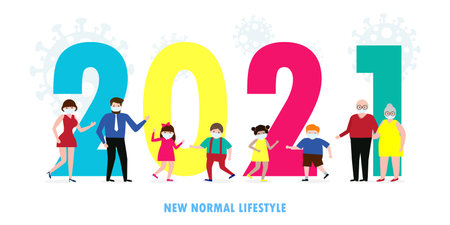 happy new year 2021 with new normal lifestyle concept. happy  People wearing face mask and social distancing protect coronavirus covid 19, in flat modern design. Vector illustration layout template.のイラスト素材