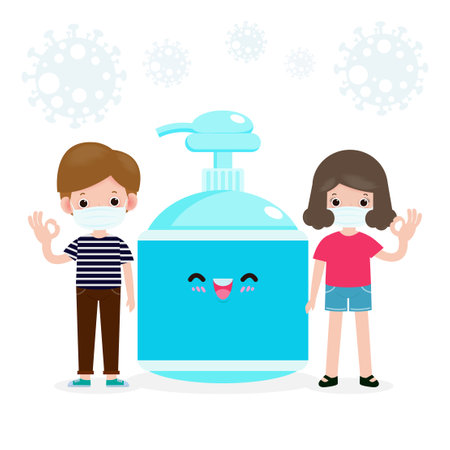 Back to school for new normal lifestyle concept. happy students Cute teens wearing face mask and alcohol gel or Hand wash gel and social distancingのイラスト素材