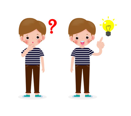 young boy thinking idea, cute children character, posing question and inspiration isolated on white background vector illustrationのイラスト素材