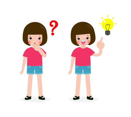 young girl thinking idea, cute children character, posing question and inspiration isolated on white background vector illustrationのイラスト素材
