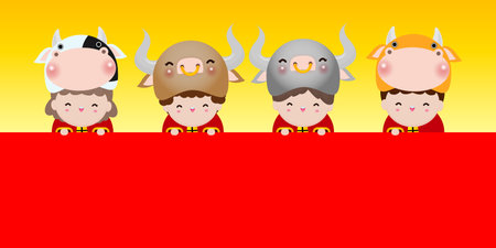 Happy Chinese new year 2021 greeting card. group of Little kids wearing cow costumes holding a red sign, year of the ox zodiac Cartoon isolated vector illustration, Translation: Happy New Yearのイラスト素材