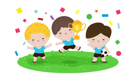 Children soccer team hold gold cup. Funny cartoon character Isolated on white background  Vector illustrationのイラスト素材