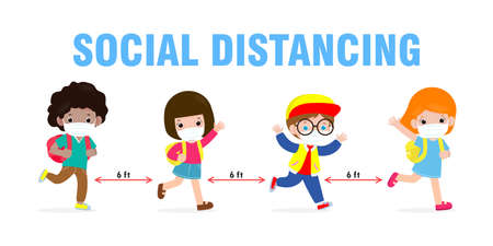 Back to school for new normal lifestyle concept. happy kids wearing face mask and social distancing protect from virus. group of children and friends go to school isolated on background.のイラスト素材