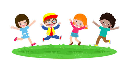Happy children jumping and dancing on the park, kids activities,  children playing in playground, Template for advertising brochure,your text, flat Funny cartoon character,design Vector Illustrationのイラスト素材