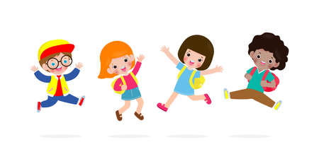 Back to school for Happy children jumping and dancing with backpack, group of children and friends go to school isolated on white background Vector illustrationのイラスト素材