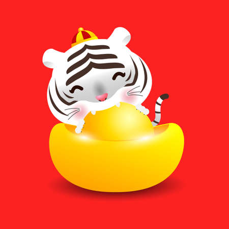 Little white tiger with chinese gold Ingots and Happy Chinese New Year 2022 year of the tiger zodiac of Animal lucks Cartoon vector illustration isolated on a red background.のイラスト素材