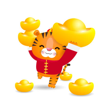 Little tiger holding chinese gold Ingots and Happy Chinese New Year 2022 year of the tiger zodiac of Animal lucks Cartoon vector illustration isolated on a white background.のイラスト素材