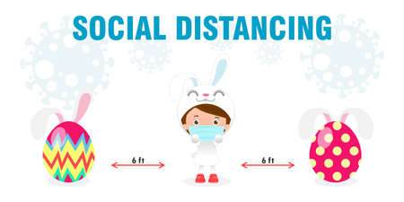 happy Easter eggs for new normal and social distancing infographic protect virus. Little bunny girl wearing a mask and colorful Easter eggs cartoon character flat style on background.のイラスト素材