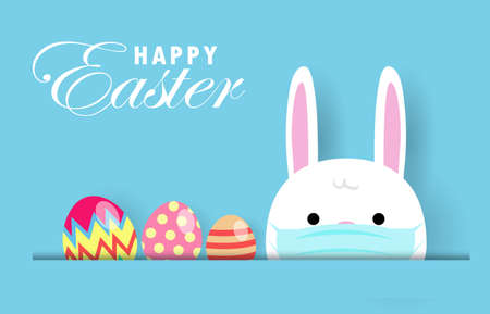 happy Easter eggs for new normal protect virus. Little rabbit wearing a mask and colorful Easter eggs cartoon character flat paper cut style on background isolated vector illustrationのイラスト素材
