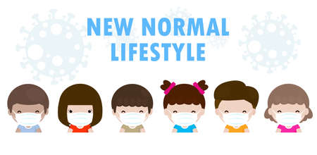 new normal for Group of children wearing medical masks to prevent disease. Kids with protection mask flat vector illustration isolated.のイラスト素材