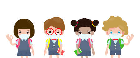 Back to school for new normal concept. Group of Boys and little girls uniform wearing face medical mask protect from virus.のイラスト素材