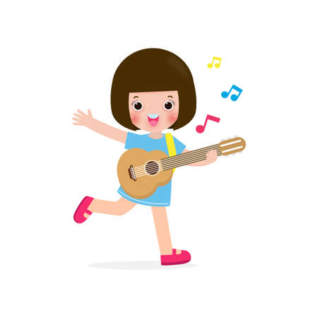 cute kid playing guitar, happy children girl playing the guitar. Musical performance. isolated vector Illustration on white background. in cartoon flat styleのイラスト素材