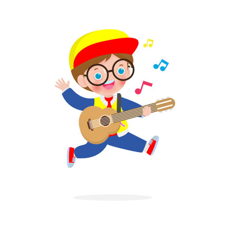 cute kid playing guitar, happy children boy playing the guitar. Musical performance. isolated vector Illustration on white background. in cartoon flat styleのイラスト素材