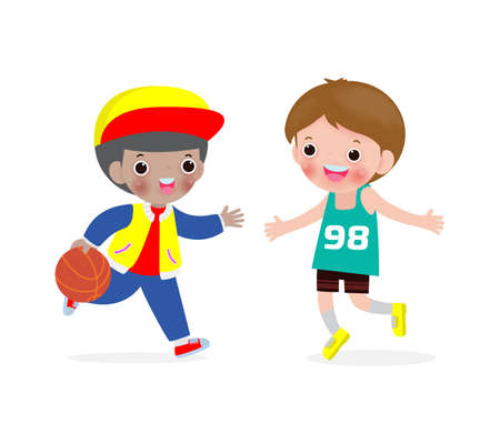 kids playing basketball on isolated on white background, children and sport, two young boys playing basketball Vector Illustrationのイラスト素材