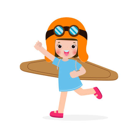Happy Children Playing toy plane cardboard, Little cute kid in an astronaut costume, Portrait of funny child on a white background isolated vector illustrationのイラスト素材
