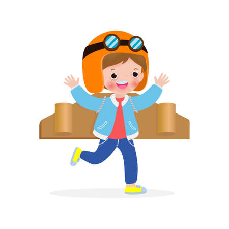 Happy Children Playing toy plane cardboard, Little cute kid in an astronaut costume, Portrait of funny child on a white background isolated vector illustrationのイラスト素材