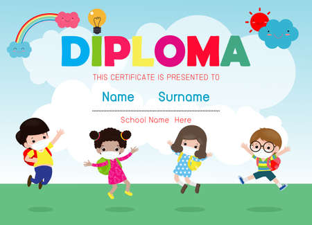 Certificates kindergarten and elementary, Preschool Kids Diploma certificate background design template, cute kids wearing face mask for prevent coronavirus 2019 nCoV or covid-19, vector illustrationのイラスト素材