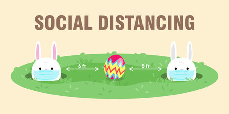 happy Easter eggs for new normal and social distancing infographic protect coronavirus covid 19, little rabbit wearing a mask and colorful Easter eggs cartoon character flat style on background vectorのイラスト素材