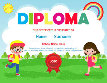Certificates kindergarten and elementary, Preschool Kids Diploma certificate background design template, Diploma template for kindergarten students, Certificate of kids diploma, vector illustrationのイラスト素材
