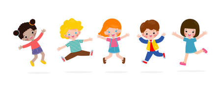 Happy children jumping and dancing on the park, kids activities,  children playing in playground, Template for advertising cartoon character design isolated on white background Vector Illustrationのイラスト素材