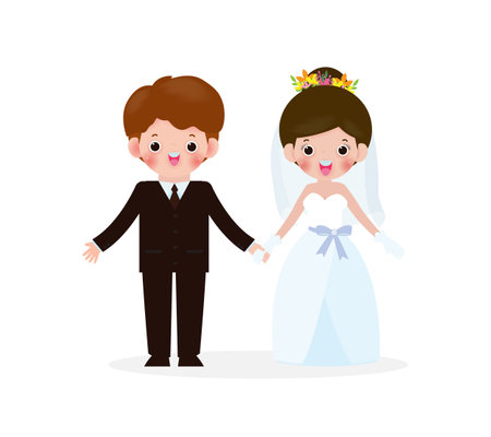 Ilustración de Wedding of couple people concept, man and woman in love.  Cute person couple valentine day, wedding isolated on white background Vector Illustration in flat style - Imagen libre de derechos