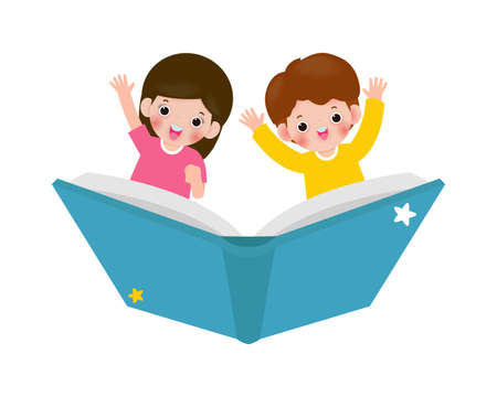 Vector illustration cartoon of happy kids flying on the book, back to school concept on white background Vector illustrationのイラスト素材