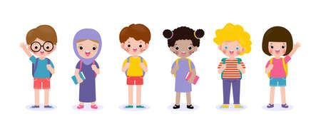 Set of school kids with school supplies, preschoolers children teenagers characters in different poses and Pupils with books and backpack isolated on white background vector illustration flat styleのイラスト素材