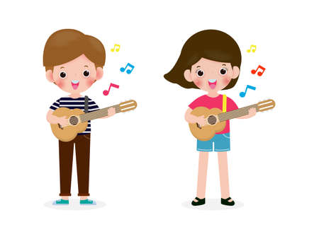 cute kids playing guitar, happy children boy and girl playing the guitar, Musical performance isolated vector Illustration on white background in cartoon flat styleのイラスト素材