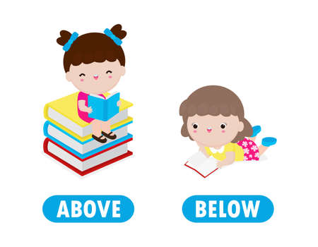 Words above and below with cartoon characters cute kids reading book, opposite word antonym for children Flat vector illustration isolated on white backgroundのイラスト素材