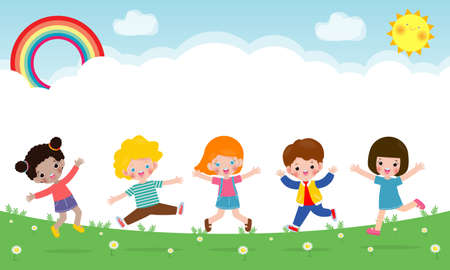 Happy children jumping and dancing together on the park, kids activities, children playing in playground, Template for advertising brochure,your text, flat Funny cartoon isolated vector Illustrationのイラスト素材