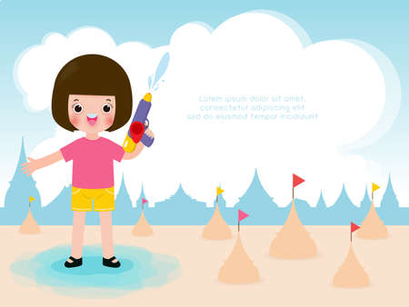 Songkran festival kids holding water gun enjoy splashing water in Songkran festival, Thailand Traditional New Year's Day Vector Illustration Thailand travel conceptのイラスト素材