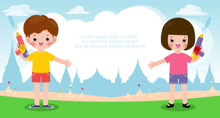 Songkran festival kids holding water gun enjoy splashing water in Songkran festival, Thailand Traditional New Year's Day Vector Illustration Thailand travel conceptのイラスト素材