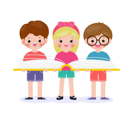 three cute little school kids standing holding and reading a book, happy pupil reading a book group of children back to school Flat Vector Illustration isolated on white backgroundのイラスト素材