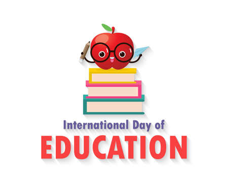 International Day of Education, cartoon apple with glasses holding a pencil and a paper plane on top book, isolated on background vector Illustrationのイラスト素材