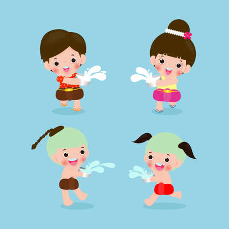 Songkran Festival, Thailand travel concept, set of kids enjoy splashing water in Songkran festival, Thailand Traditional New Year's Day Vector Illustration isolated on blue backgroundのイラスト素材