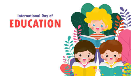 International Day of Education, little boy and girl reading book isolated on background vector...