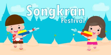 Songkran festival kids holding water gun enjoy splashing water in Songkran festival, Thailand Traditional New Year's Day Vector Illustration Thailand travel concept on backgroundのイラスト素材