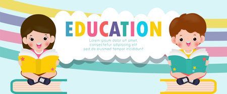 International Day of Education, little boy and girl reading book isolated on background vector Illustrationのイラスト素材