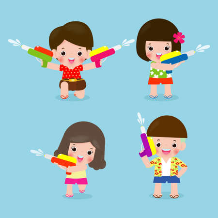 Songkran festival set of kids holding water gun enjoy splashing water in Songkran festival, Thailand Traditional New Year's Day Vector Illustration Thailand travel concept on blue backgroundのイラスト素材