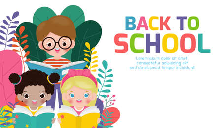back to school, kids reading book , education concept, Template for advertising brochure, your text,Kids and frame,child and frame,Vector Illustration, cartoon happy children.Illustrationのイラスト素材