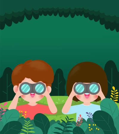 Cute little boy and girl watching something through binoculars in the forest. Children have summer outdoor adventure. kids summer camp background education Template for advertising brochure or posterのイラスト素材