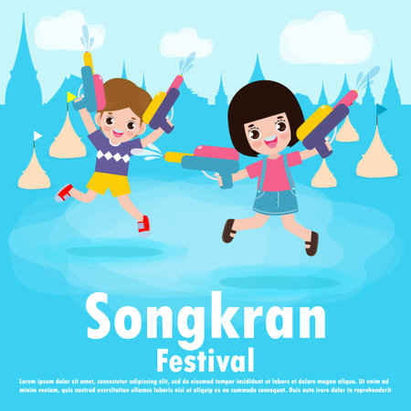 Songkran festival kids holding water gun enjoy splashing water in Songkran festival, Thailand Traditional New Year's Day isolated Vector Illustration greeting card Thailand travel conceptのイラスト素材