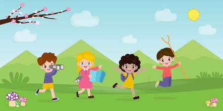 kids summer camp background education Template for advertising brochure or poster, happy children doing activities on camping, poster flyer template, your text ,Vector Illustrationのイラスト素材