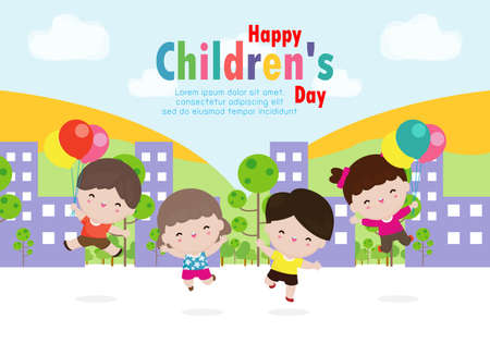 Happy children's day background poster with happy kids jumping in city isolated vector illustrationのイラスト素材