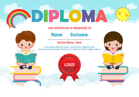 Diploma template for kids, Certificates kindergarten and elementary,  Preschool children Diploma certificate background design, Diploma template for child student isolated vector illustrationのイラスト素材
