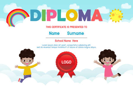 Diploma template for kids, Certificates kindergarten and elementary,  Preschool children Diploma certificate background design, Diploma template for child student isolated vector illustrationのイラスト素材