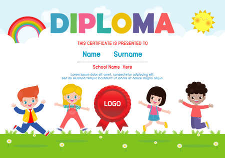 Diploma template for kids, Certificates kindergarten and elementary,  Preschool children Diploma certificate background design, Diploma template for child student isolated vector illustrationのイラスト素材