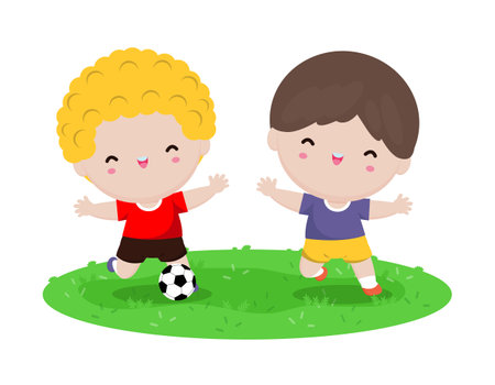 Two little Boys play football, happy Children playing soccer in the park isolated on white Vector illustrationのイラスト素材