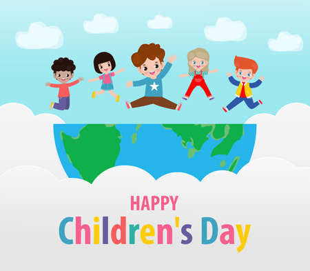 Happy children's day background poster with happy kids jumping on World in the cloudy sky and rainbow greeting card isolated vector illustrationのイラスト素材