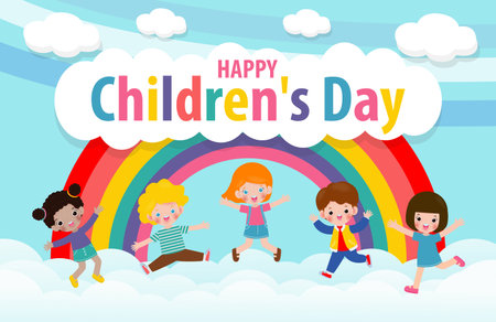 Happy children's day background poster with group cute kids jumping on the cloudy sky and rainbow greeting card isolated vector illustrationのイラスト素材